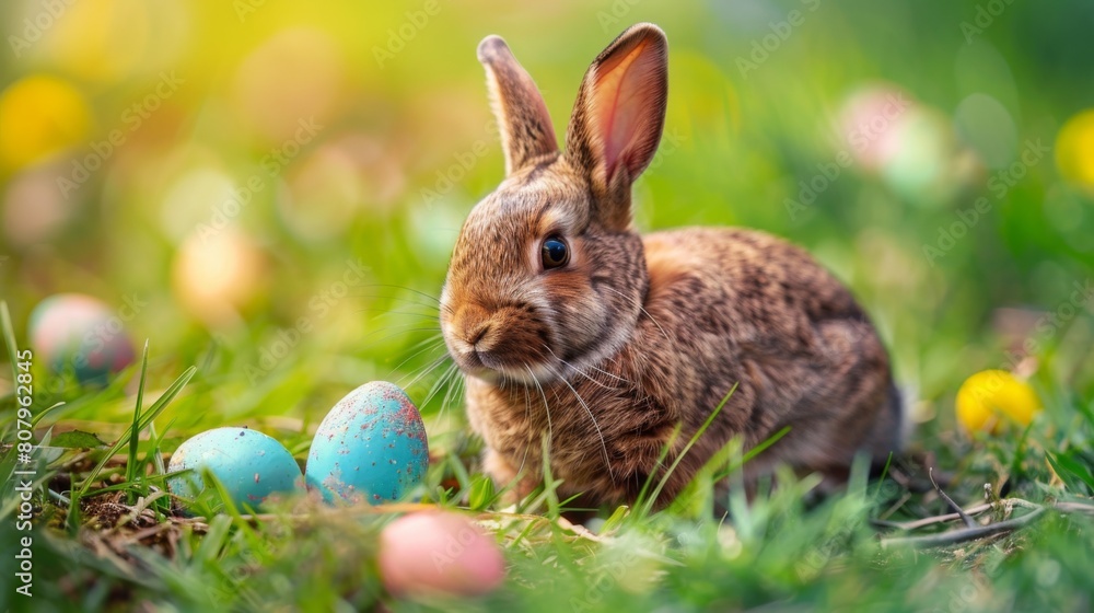 A rabbit sitting in the grass next to some blue and green eggs, AI A rabbit sitting in the grass next to some blue and green eggs, AI