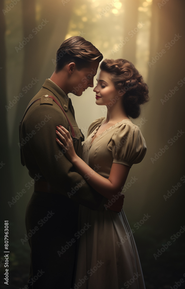 Pretty woman in red nail polish about to kiss her soldier lover. Young historical couple embracing in love. Retro vintage historical concept. In the bokeh moody woods background. Elegantly dressed. 