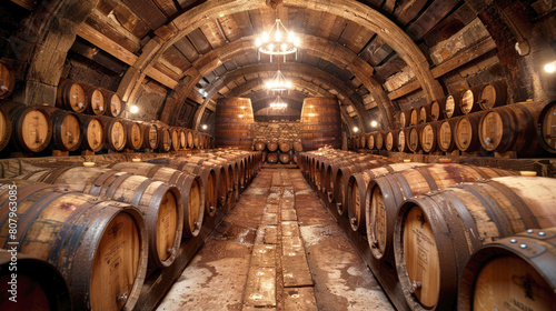 Whiskey  scotch  bourbon  scottish wine in barrels for aging  modern alcohol production. Winery  storage cellar. 