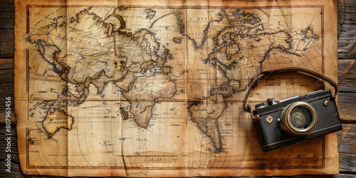 A vintage camera is placed on top of a map of the world