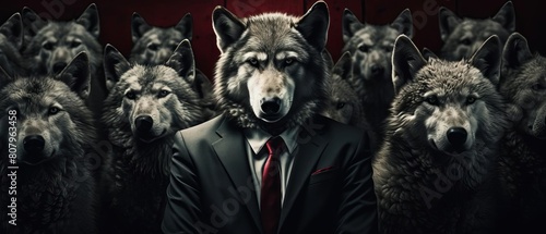 The stark contrast of power and vulnerability depicted with a wolf in a suit surrounded by sheep representing manipulation in corporate strategies.