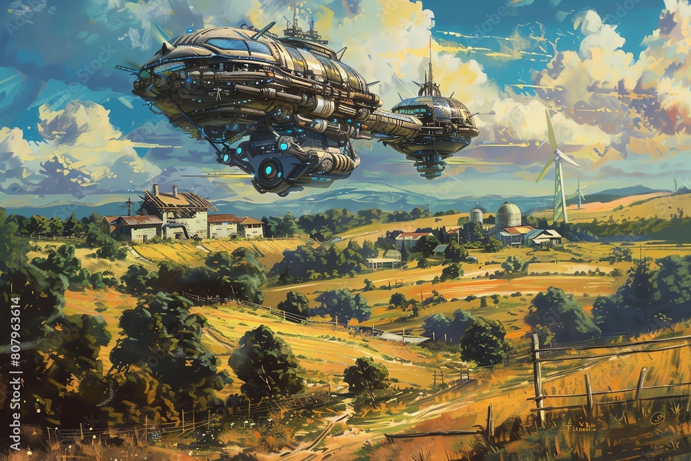 Capture the fusion of futuristic technology and rural life with a ...