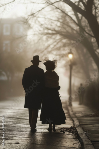 Silhouette of a senior couple walking away in a foggy historical city street. Early morning dew. Dress, black suit, hat. Historical romance concept. Walking side by side. © ana