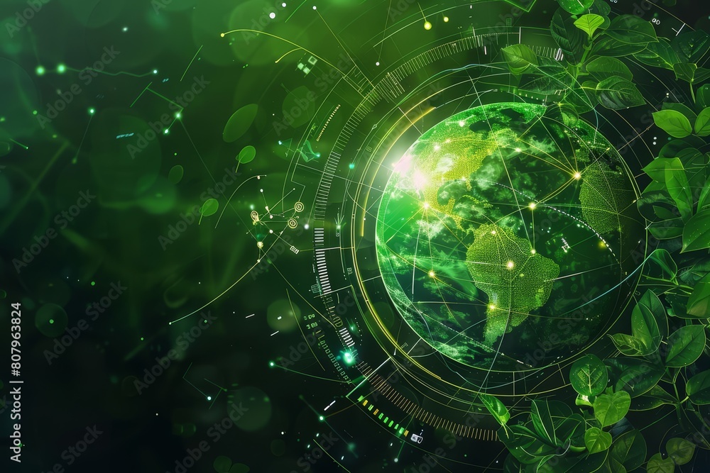 Obraz premium Behold the green Earth globe illustration, adorned with flourishing plants, integrated into a futuristic science research banner, sharpen banner template with copy space on center