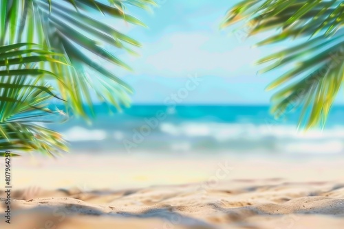 Holiday summer concept. Beach with sand and palm leaves in blur. generative ai.