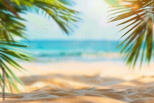 Holiday summer concept. Beach with sand and palm leaves in blur. generative ai. © SEUNGJIN