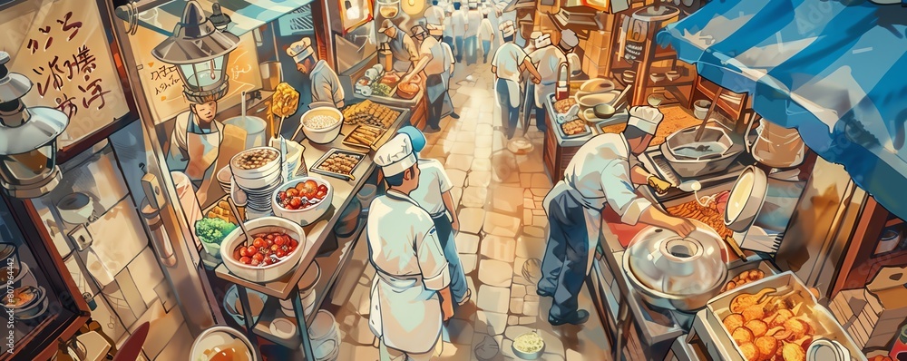 Compose a surreal scene of a chef navigating a crowded urban market from a worms-eye-view angle