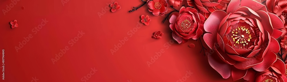 Discover the festive spirit with a Chinese New Year ornament peony flower and traditional patterns, paper art style sharpen banner template with copy space on center Discover the festive spirit with a Chinese New Year ornament peony flower and traditional patterns, paper art style sharpen banner template with copy space on center