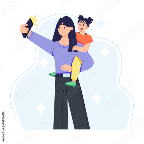 A handy flat illustration of mom selfie with baby 