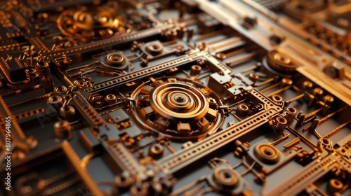 The image is a close-up of a steampunk machine. The machine is made of metal and has a variety of gears, cogs, and other mechanical parts.  It is anampunk style image. photo