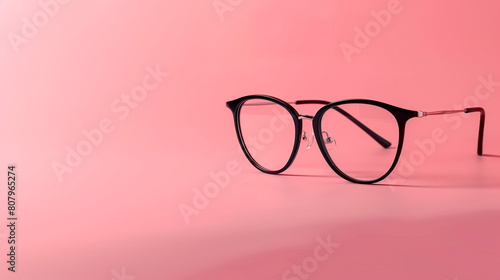 Black glasses on a minimal pastel pink background. Advertising banner, social media post, product presentation, web layout, poster, cover 