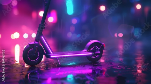 Electric scooters illuminated by violet neon lights hint at a sustainable future in urban mobility, Sharpen banner template with copy space on center