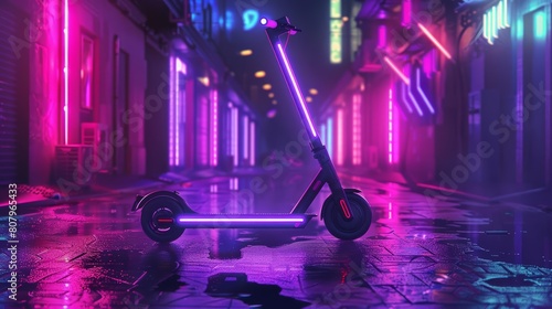 Electric scooters illuminated by violet neon lights hint at a sustainable future in urban mobility, Sharpen banner template with copy space on center