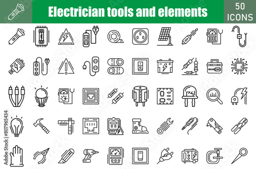 Electrician tools and element icon set. Containing Flashlight,Danger,Telephone Stock,Electric Meter,Swtich,Plug,Protect,Fuse,Capacitor,Fuse Box,Power Strip,
Insulating Tape and more. Vector web icons  photo