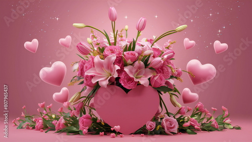 Elegant pink floral arrangement on pink background with copy space for Mother's day, Valentine's day.