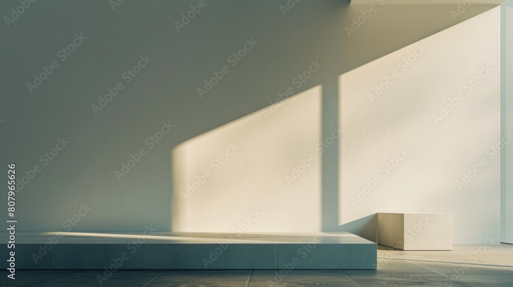 A minimalist composition of morning light casting sharp shadows and bright areas on a simple white wall, creating a play of light and absence A minimalist composition of morning light casting sharp shadows and bright areas on a simple white wall, creating a play of light and absence