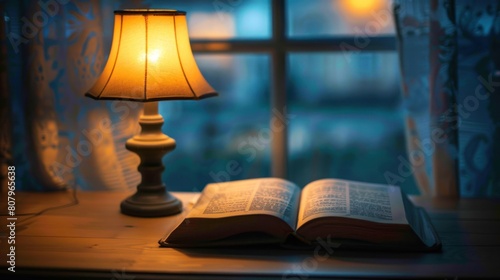 A quiet study room bathed in the warm glow of a desk lamp, highlighting the pages of an open book and the thoughtful expression of its reader photo