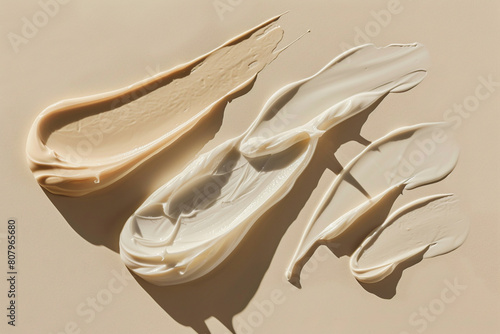 Top view of clean cosmetic skincare smeared in natural wave motion on tan background in sunlight, Skincare cream product concept, Generative AI