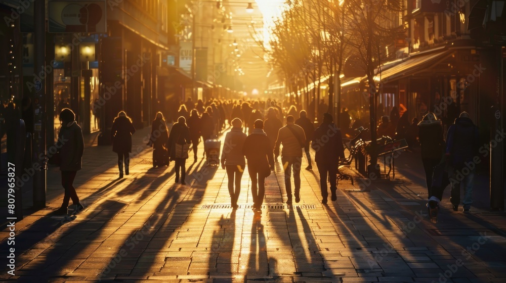A dance of shadow and light on an urban street, where pedestrians cast long shadows in the golden hour of sunset