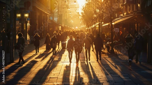 A dance of shadow and light on an urban street, where pedestrians cast long shadows in the golden hour of sunset photo