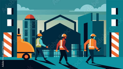 The hum of construction equipment echoes through the site as workers in reflective gear can be seen moving purposefully between the structures.. Vector illustration