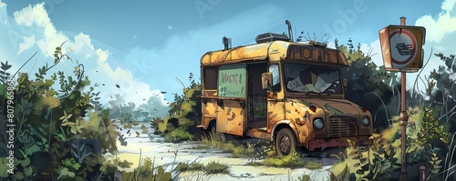 Craft a scene of an abandoned food truck amidst a desolate wasteland