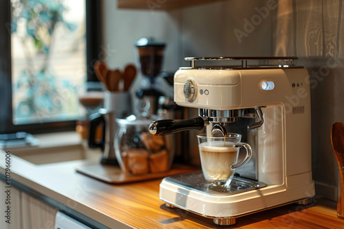 White coffee machine preparing latte coffee in a transparent cup in the kitchen