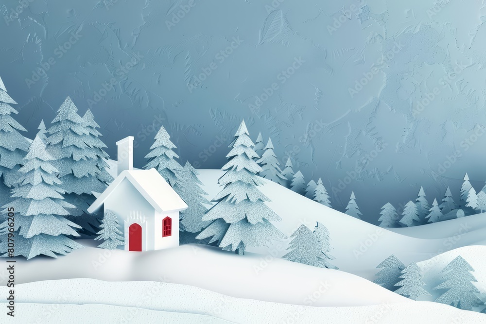 Explore the serene snow winter landscape featuring frosted pine trees and a quaint little house, paper art style sharpen banner template with copy space on center