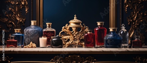Ornate baroqueinspired cosmetic bottles placed on a blank mockup pedestal covered in rich velvet fabric basking in candlelike lighting to evoke oldworld elegance. photo