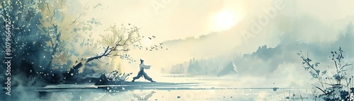 Depict a scene where Tai Chi practitioners appear to blend into a surreal watercolor landscape photo