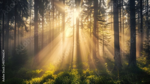 Sunbeams piercing through a dense fog in an early morning forest, creating a mystical and ethereal quality to the natural landscape