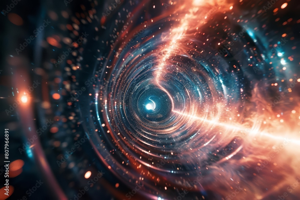Future tunnel visualized as a warp in spacetime with endless lights leading to unknown dimensions, Sharpen banner template with copy space on center Future tunnel visualized as a warp in spacetime with endless lights leading to unknown dimensions, Sharpen banner template with copy space on center