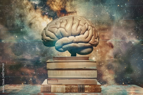 Gaze upon the conceptual art collage of a brain superimposed on books