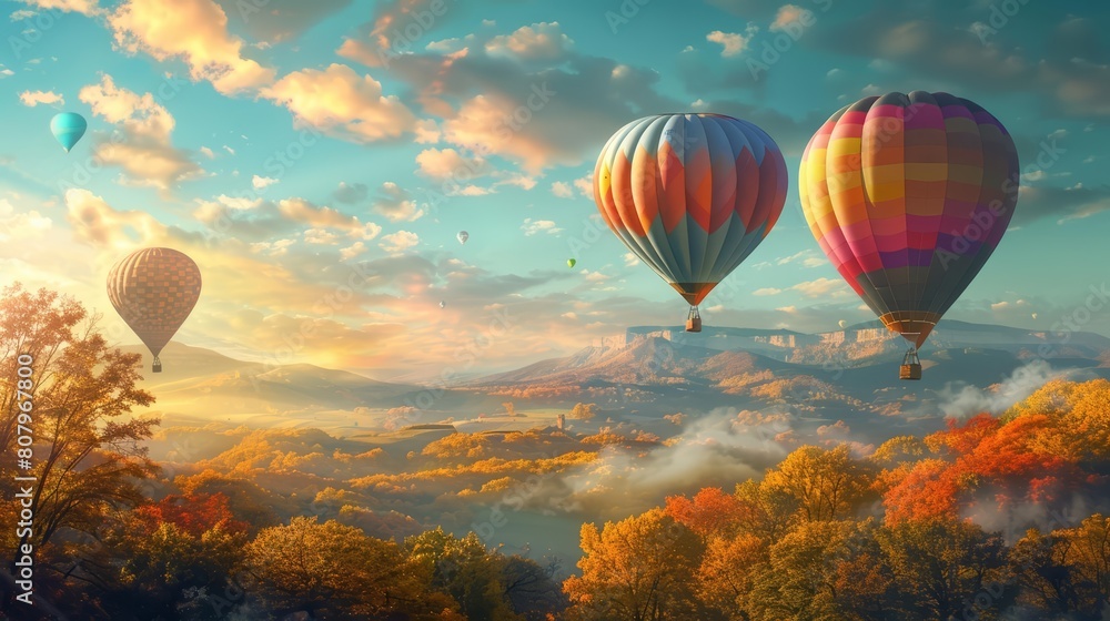 Hot air balloons float above a vibrant autumn landscape, painting the sky with color, Sharpen banner template with copy space on center Hot air balloons float above a vibrant autumn landscape, painting the sky with color, Sharpen banner template with copy space on center