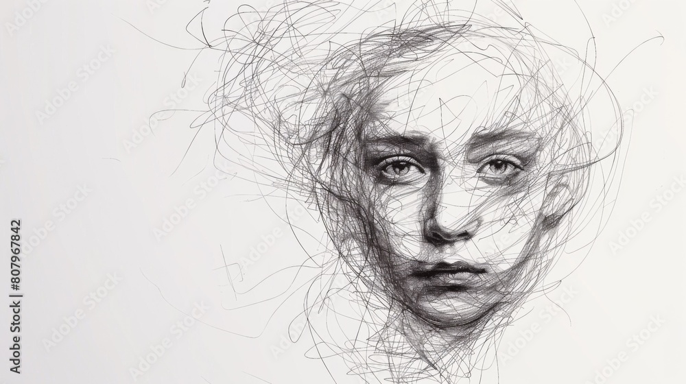 A drawing of a face with many lines drawn on it, AI A drawing of a face with many lines drawn on it, AI