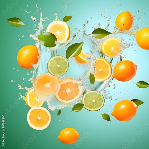 Oranges and lemon lime with half slices falling or floating in the air with green leaves isolated on background, Fresh organic fruit with high vitamins and minerals.
