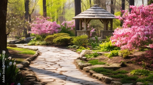 a stone pathway with spring flowers.