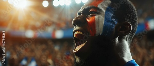 The crowd roars ecstatically for the score of the goal as a handsome black man with French flag painted on his face cheers for his team to win. People celebrate the club's championship victory. photo