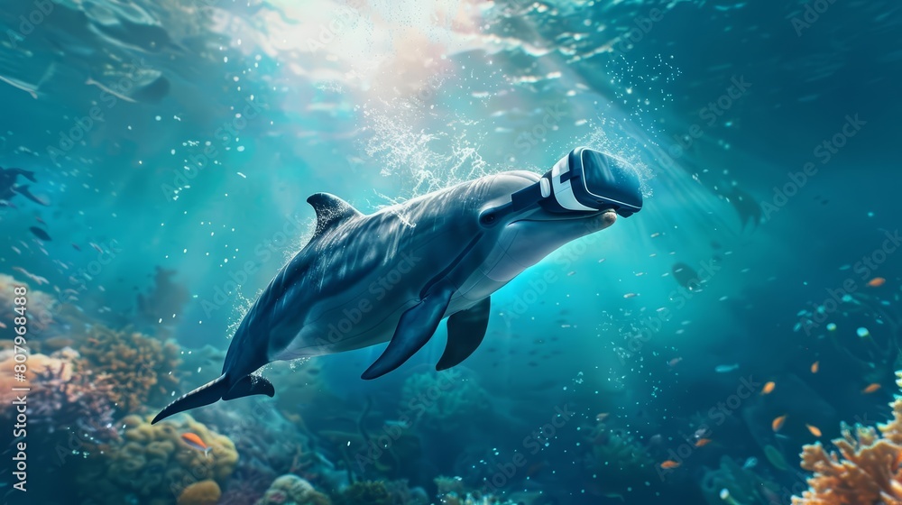 Fototapeta premium In the deep ocean, a dolphin with a VR headset explores virtual worlds, a digital banner floating in the water nearby