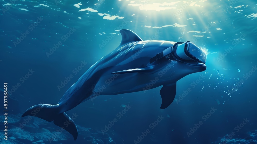 Fototapeta premium In the deep ocean, a dolphin with a VR headset explores virtual worlds, a digital banner floating in the water nearby