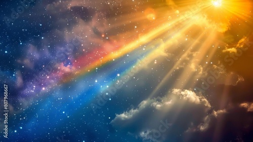 A rainbow shines brightly in the sky above a cloud, AI