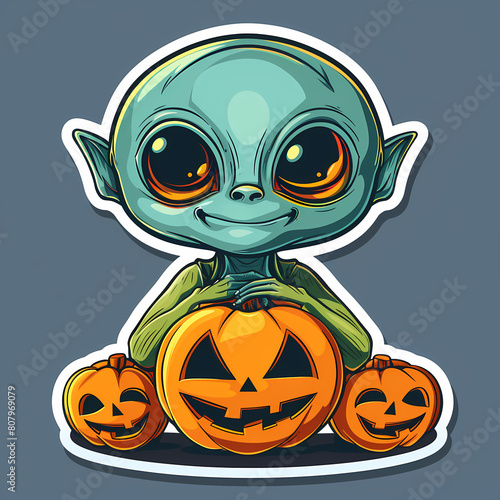 Cartoon Alien Celebrates Halloween Sticker vector image