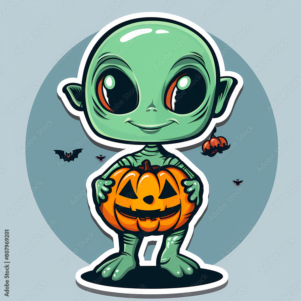 Obraz premium Cartoon Alien Celebrates Halloween Sticker,vector image