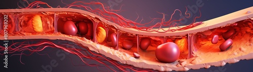 Crosssectional view of a human artery affected by atherosclerosis with detailed labels on plaque composition and artery wall photo