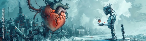 Illustrate a fantastical scene with oversized human heart and robotic limbs in a surreal setting, symbolizing bioethical challenges in a vivid, photorealistic digital artwork photo