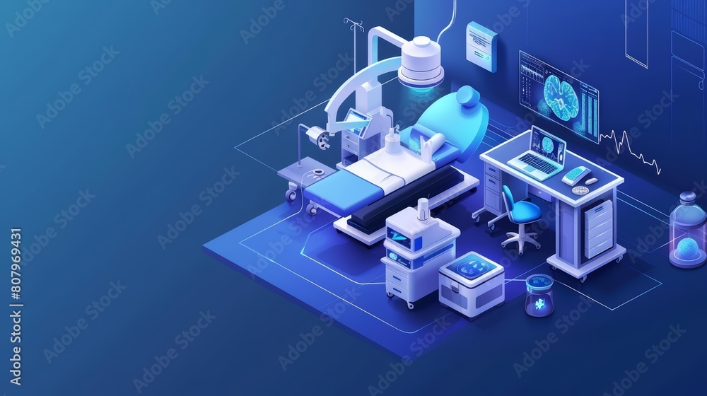 Medical room 3D isometric illustration details a hightech healthcare setting with advanced medical equipment, Sharpen banner with space for text Medical room 3D isometric illustration details a hightech healthcare setting with advanced medical equipment, Sharpen banner with space for text