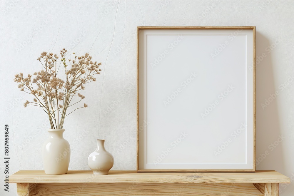 Mockup of white blank wooden frame in the living room interior Mockup of white blank wooden frame in the living room interior