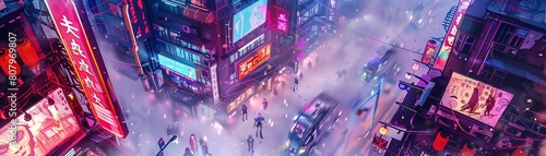 Illustrate a top-down perspective of sleek robot characters in a digitally painted cyberpunk city