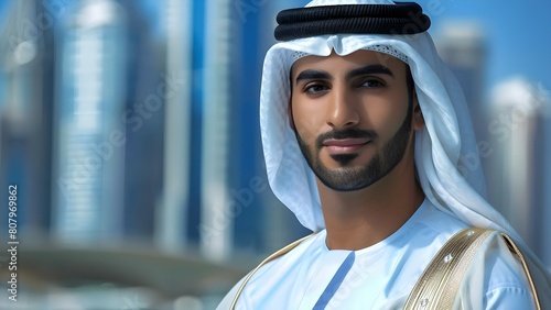 Arab businessman in traditional attire in office with skyscrapers in background. Concept Arab Businessman, Traditional Attire, Skyscrapers, Office, Professional Portrait