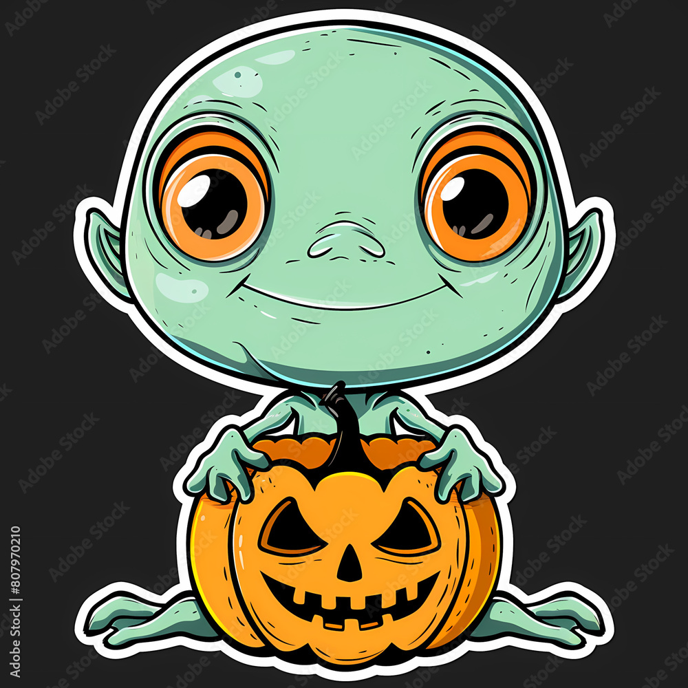 Fototapeta premium Cartoon Alien Celebrates Halloween Sticker,vector image